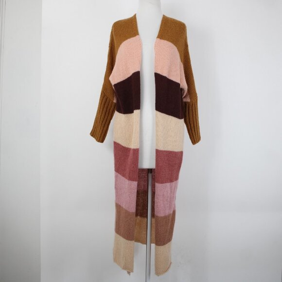 Petal Pup Sz S Camel Burgundy Striped Multicolor Acrylic Wool Knit Wrap Sweater - Picture 14 of 14